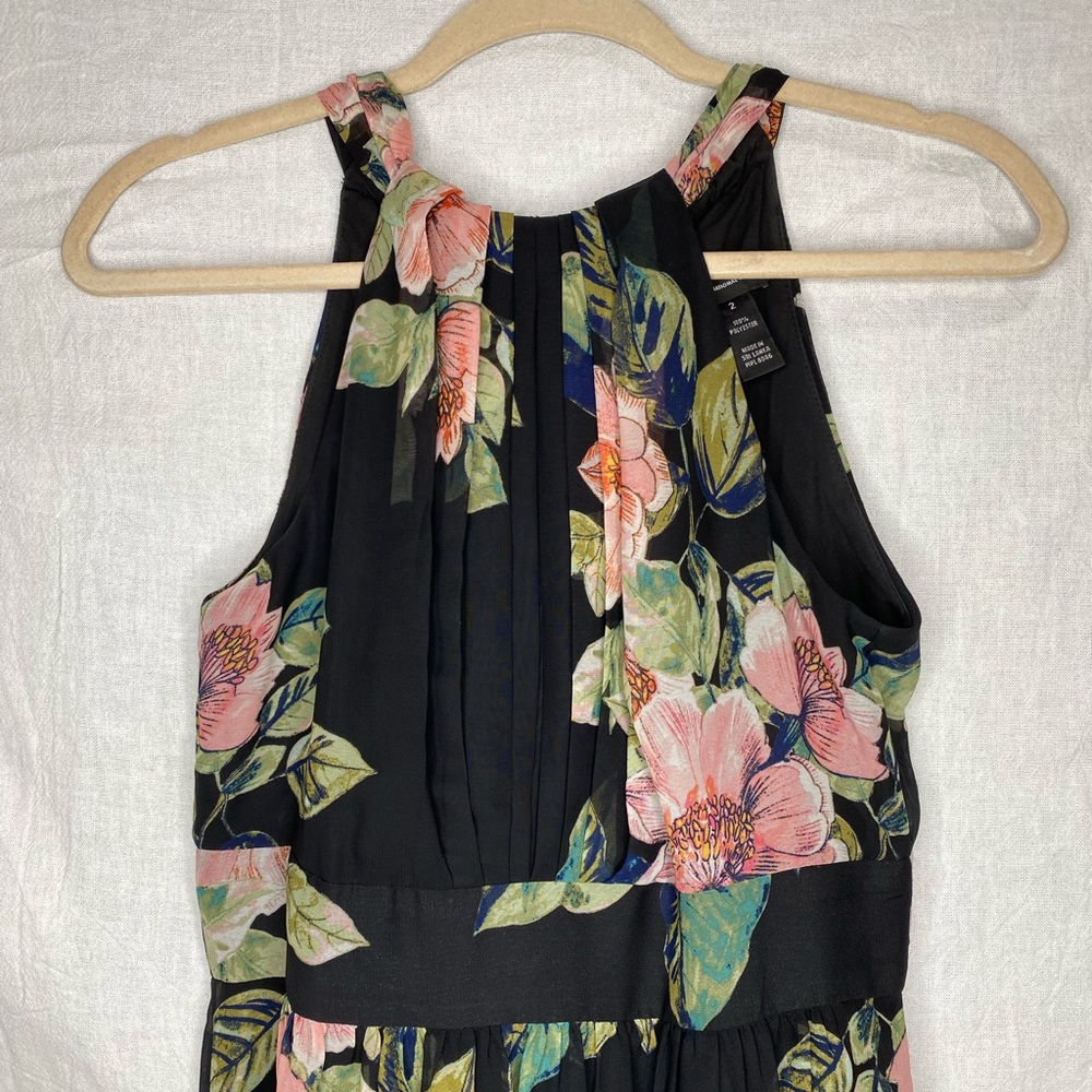 EUC- INC Black and Pink Floral Halter Floor Length Dress size 2